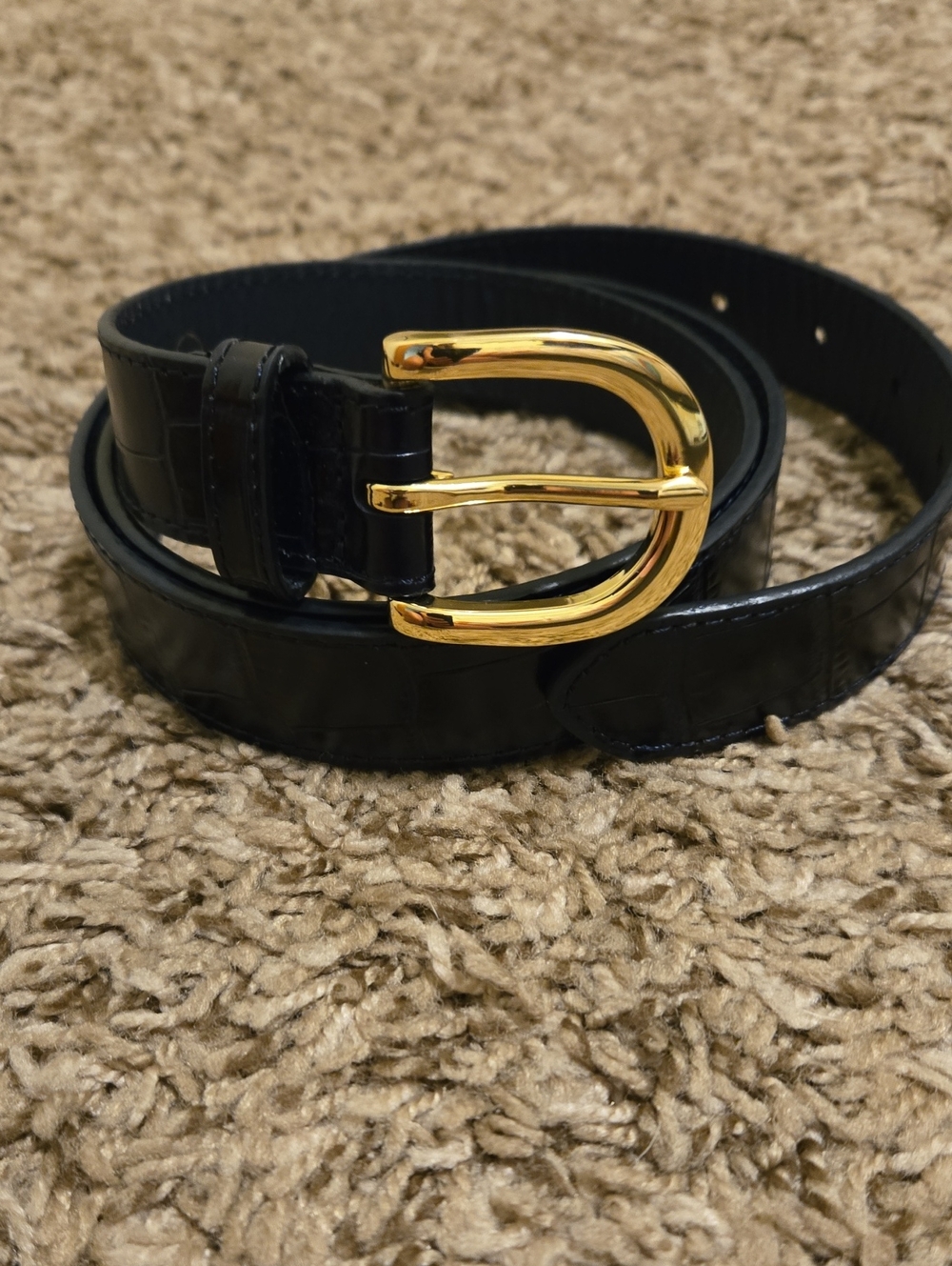J. Crew Black Faux-Croc Leather Belt with Gold Buckle